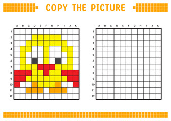 Copy the picture, complete the grid image. Educational worksheets drawing with squares, coloring cell areas. Preschool activities, children's games. Cartoon vector illustration, pixel art. Baby bird.