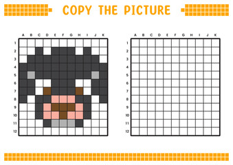 Copy the picture, complete the grid image. Educational worksheets drawing with squares, coloring areas. Preschool activities, children's games. Cartoon vector illustration, pixel art. Black puppy.
