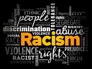 Racism - process by which systems and policies, actions and attitudes create inequitable opportunities for people based on race, word cloud concept background