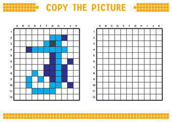 Copy the picture, complete the grid image. Educational worksheets drawing with squares, coloring areas. Preschool activities, children's games. Cartoon vector illustration, pixel art. Blue seahorses.