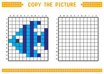 Fototapeta premium Copy the picture, complete the grid image. Educational worksheets drawing with squares, coloring cell areas. Preschool activities, children's games. Cartoon vector illustration, pixel art. Blue fish.