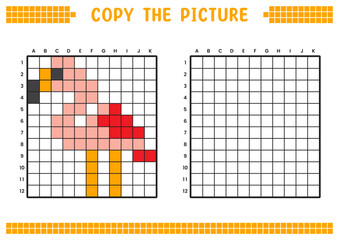 Copy the picture, complete the grid image. Educational worksheets drawing with squares, coloring cell areas. Preschool activities, children's games. Cartoon vector illustration, pixel art. Flamingo.