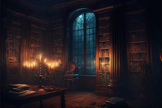 Books and candles in library with stain glass window. Fantasy magical scene. Generative ai.