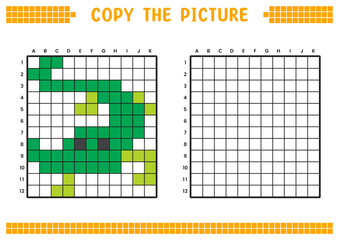 Copy the picture, complete the grid image. Educational worksheets drawing with squares, coloring cell areas. Preschool activities, children's games. Cartoon vector illustration, pixel art. Crocodile.