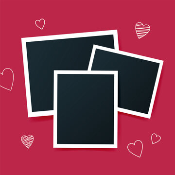 Blank photo cards and outline hearts on color Magenta background. Snapshot of happy moments of love. Vector illustration