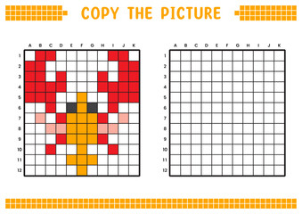 Copy the picture, complete the grid image. Educational worksheets drawing with squares, coloring cell areas. Preschool activities, children's games. Cartoon vector illustration, pixel art. Lobster.