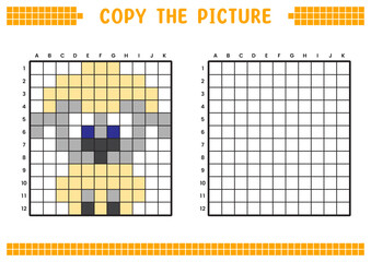 Copy the picture, complete the grid image. Educational worksheets drawing with squares, coloring cell areas. Preschool activities, children's games. Cartoon vector illustration, pixel art. Baby sheep.