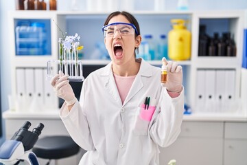 Young brunette woman working at scientist laboratory angry and mad screaming frustrated and...