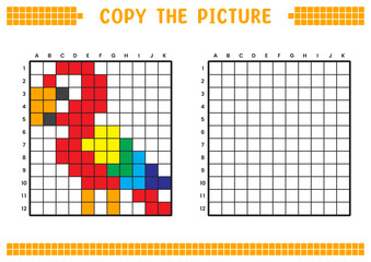 Copy the picture, complete the grid image. Educational worksheets drawing with squares, coloring areas. Preschool activities, children's games. Cartoon vector illustration, pixel art. Scarlet macaw.