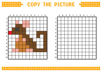 Fototapeta premium Copy the picture, complete the grid image. Educational worksheets drawing with squares, coloring cell areas. Preschool activities, children's games. Cartoon vector illustration, pixel art. Brown rat.