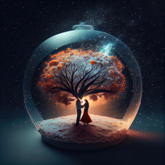 two people dancing under a tree inside a dome