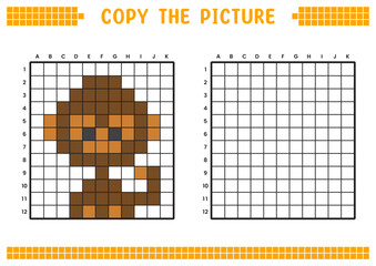Copy the picture, complete the grid image. Educational worksheets drawing with squares, coloring areas. Preschool activities, children's games. Cartoon vector illustration, pixel art. Little monkey.
