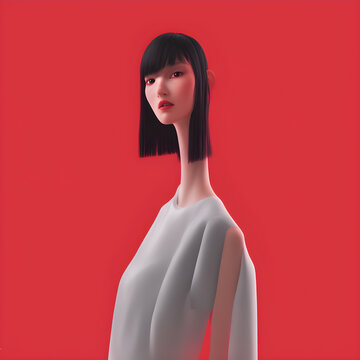 beauty woman with a thin long neck on a red background 3d illustration character, created with ai technology