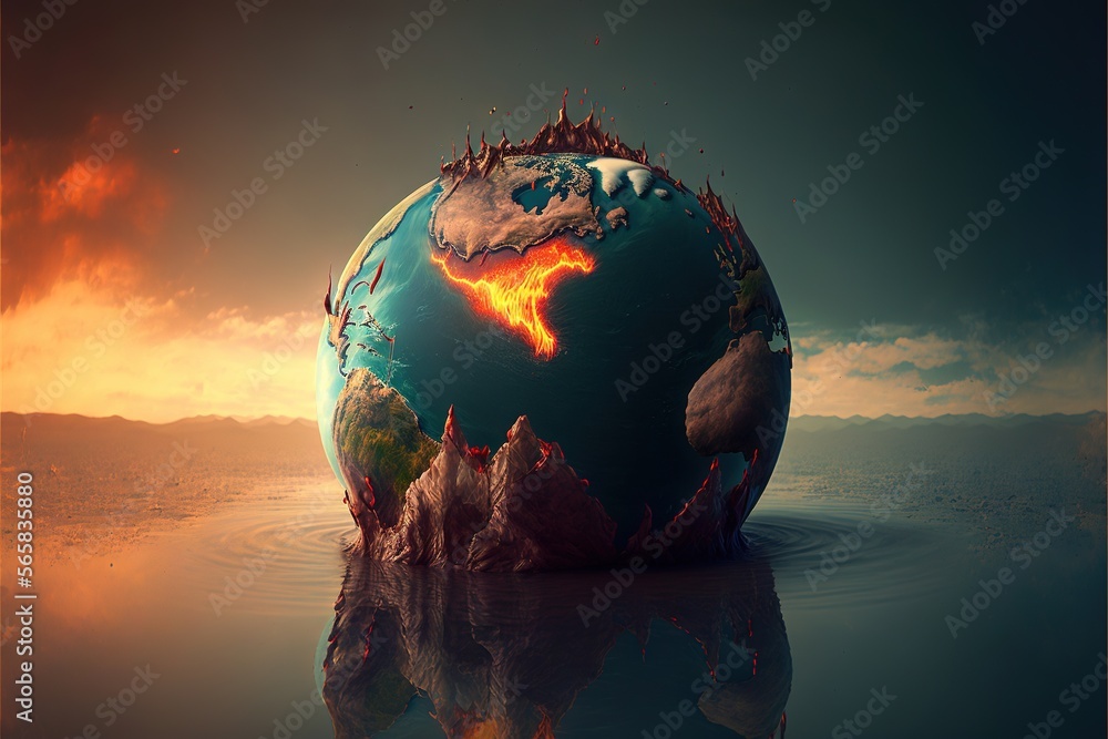 Poster a picture of a globe with a fire in the middle of it and a sky background with clouds and water arou