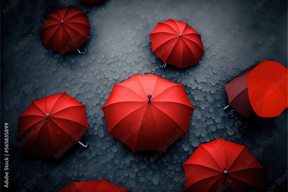 Poster a group of red umbrellas sitting on a wet ground in the rain, with the tops of them open and the bot