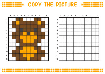Fototapeta premium Copy the picture, complete the grid image. Educational worksheets drawing with squares, coloring cell areas. Preschool activities, children's games. Cartoon vector illustration, pixel art. Brown bear.
