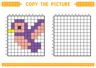 Fototapeta premium Copy the picture, complete the grid image. Educational worksheets drawing with squares, coloring areas. Preschool activities, children's games. Cartoon vector illustration, pixel art. Purple bird.