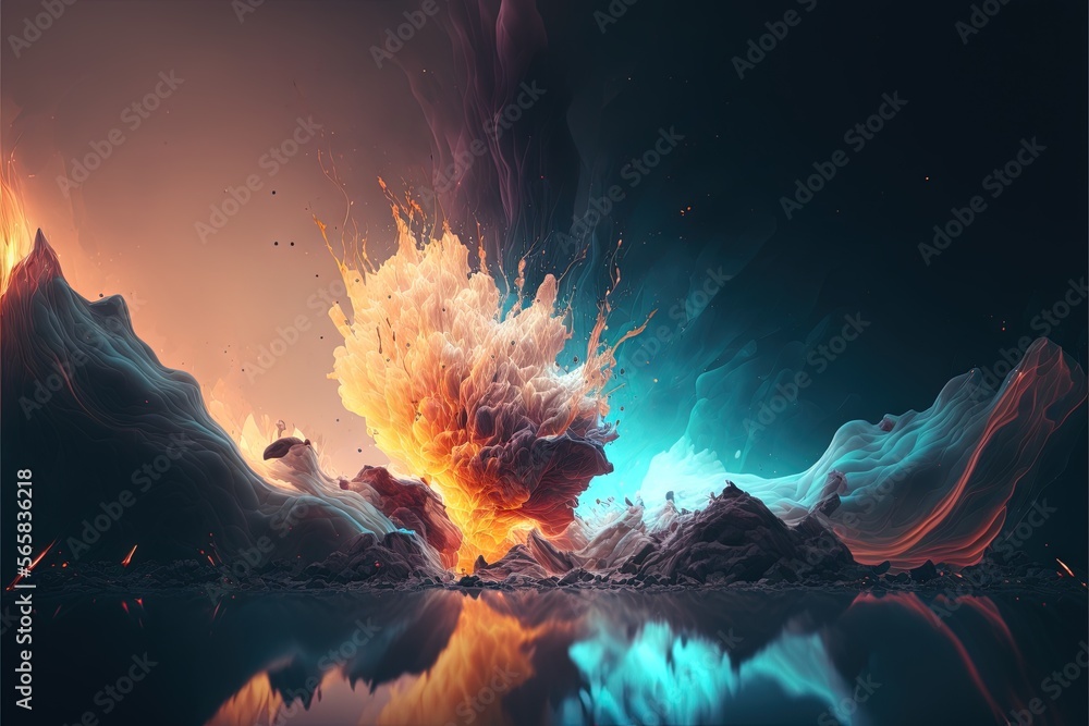 Poster a computer generated image of a fire and ice mountain range with a reflection of water and rocks in 
