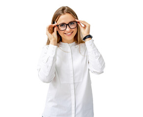 Happy female optometrist, optician standing with set of glasses in background in optical shop. Woman in spectacles.