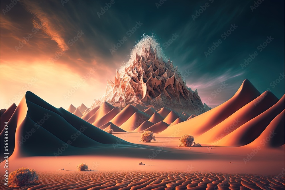 Poster a desert landscape with a mountain in the background and a desert landscape with a desert like area 