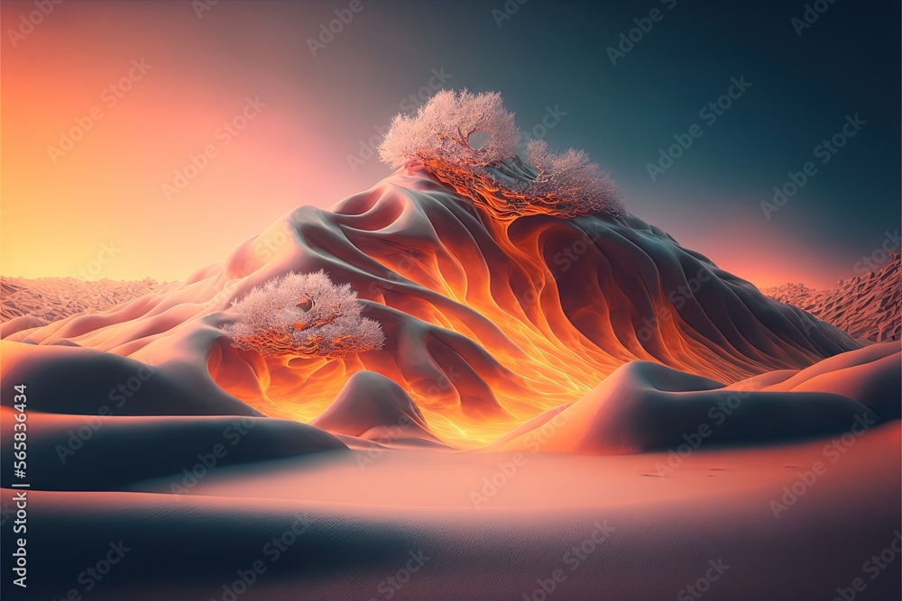Poster a digital painting of a mountain with a lava like substance in the middle of it and a sunset in the 