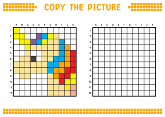 Copy the picture, complete the grid image. Educational worksheets drawing with squares, coloring areas. Preschool activities, children's games. Cartoon vector illustration, pixel art. Rainbow unicorn.