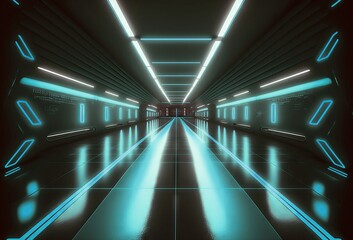 Futuristic spaceship corridor with glowing neon lights