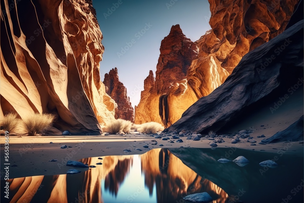 Poster a river running through a canyon next to a rocky cliff face with a reflection in the water and rocks