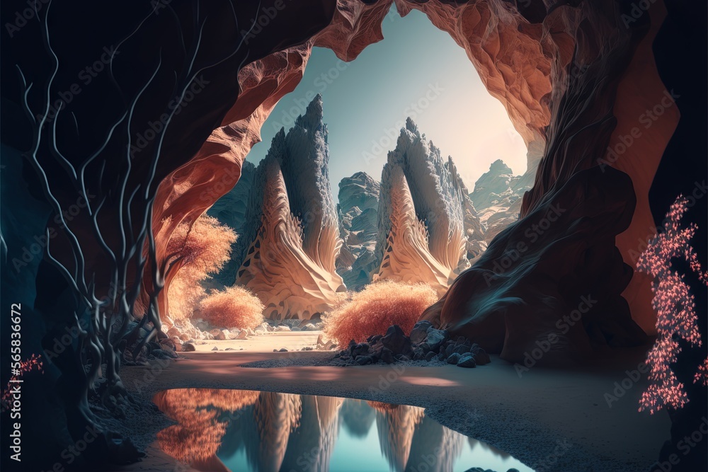 Poster a cave with a lake and trees in it and a few rocks on the ground and a few trees in the water in the