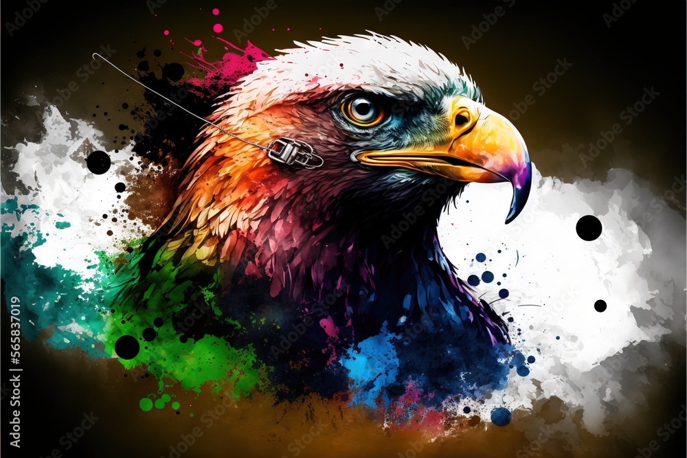 Poster a colorful bird with a black background and a black background with dots and spots, with a black bac
