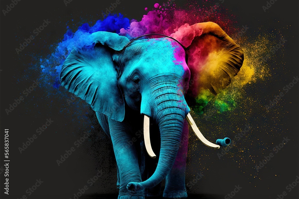 Poster  an elephant with a colorful paint splash on its face and trunk, standing in front of a black background with a black background and a red generative ai
