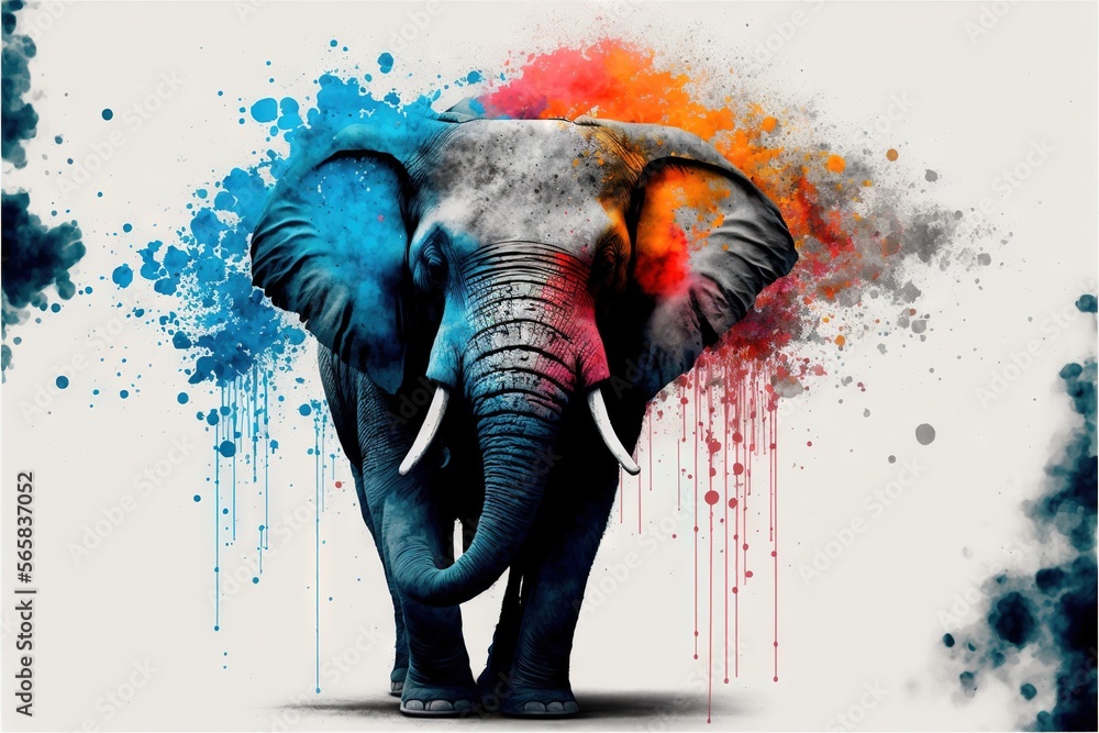 Poster an elephant with a colorful background and a splash of paint on it's face and trunk, standing in fro