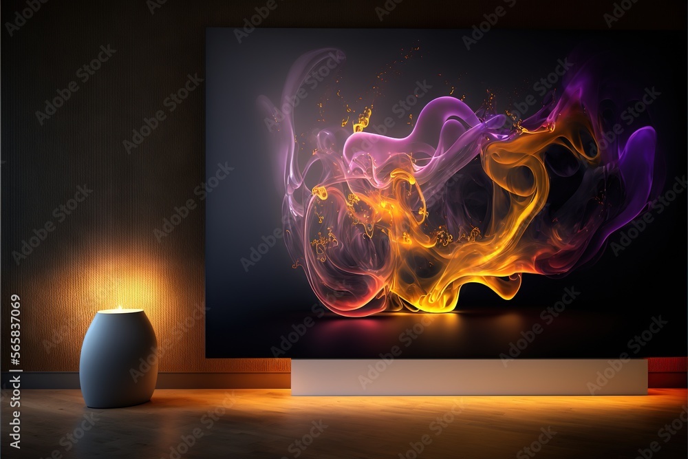Poster a picture of a painting with a vase on a table next to it and a lit candle on the floor in front of 