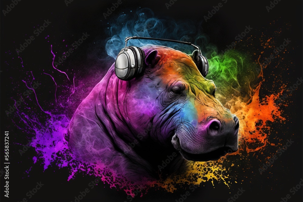 Poster a hippo with headphones on and a rainbow background with spray paint and a black background with a b