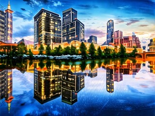 Country skyline at sunset. City landscape. Painting of skyscrapers, rivers, trees and blue skies.