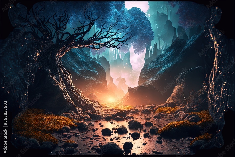 Poster a painting of a stream in a forest with a sun setting in the background and trees and rocks in the f