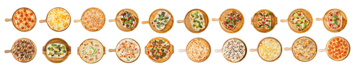 Assortment of different pizzas. Traditional popular appetizing dish of Italian cuisine. Collage, set. Isolated on white background. Panorama format. Top view.