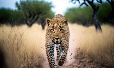 Leopard running, savannah, africa - angry, hunting, safari