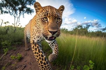 Leopard running, savannah, africa - angry, hunting, safari