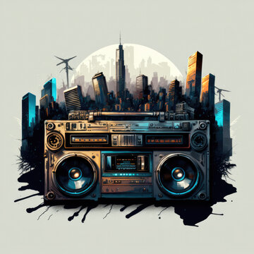 Retro old school design ghetto blaster boombox stereo radio cassette tape recorders tower from circa 1980s over a city scape front concrete wall background. no transparency, Generative, AI