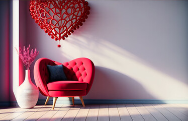 Valentine interior room have red armchair and home decor for valentine's day. Generative AI.