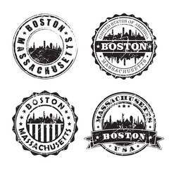Boston Massachusetts Stamp Skyline Postmark. Silhouette Postal Passport. City Round Vector Icon Set. Vintage Postage