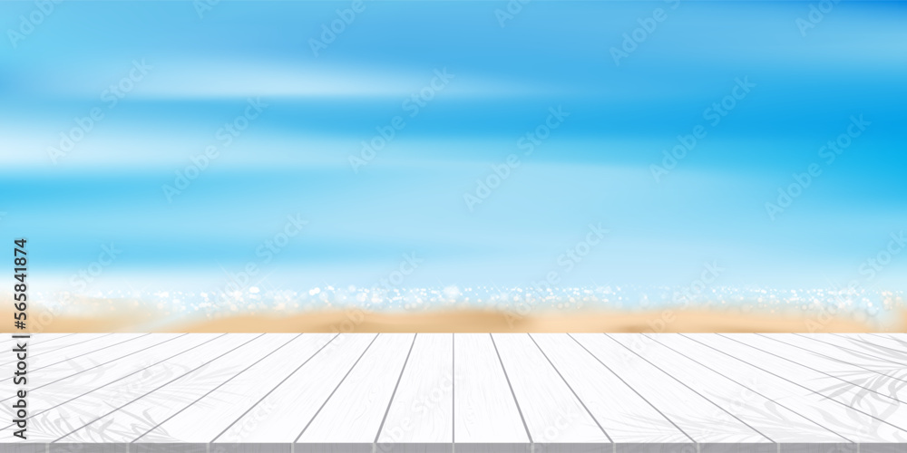 Wall mural Summer Beach with sunlight sparkling on Ocean Water,Wood floor on sand,Vector Empty White Wood table for spa product display,Natural Seascape with blurry horizon,Summer landscape vacation on seaside - Wall murals