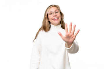 Young blonde woman over isolated background counting five with fingers