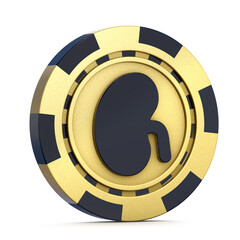 Naklejka premium Golden casino chip with kidney isolated on white background. Poker concept. 3d Illustration. 