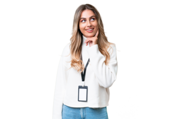 Young Uruguayan woman with ID card over isolated background thinking an idea while looking up