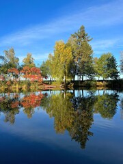 Autumn park landscape with lake and colorful trees.