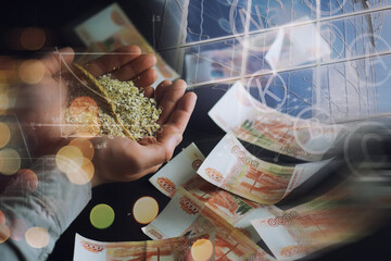 The concept of the cost of grain. 5000 ruble banknotes around a handful of ground grain. World...
