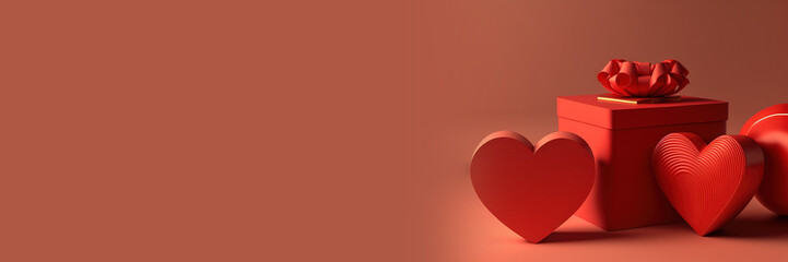 Minimal podium product background for Valentine, Red heart and gift box with ribbon bow on red background. stock photo Valentine's Day
