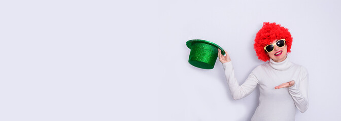funny woman with wig and glasses isolated